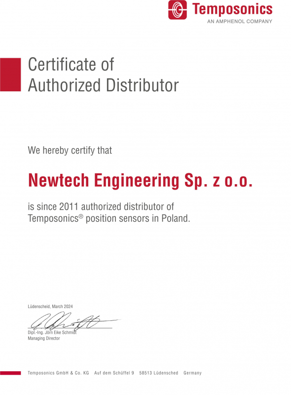 Newtech Engineering oficjalnym dystrybutorem firmy Temposonics